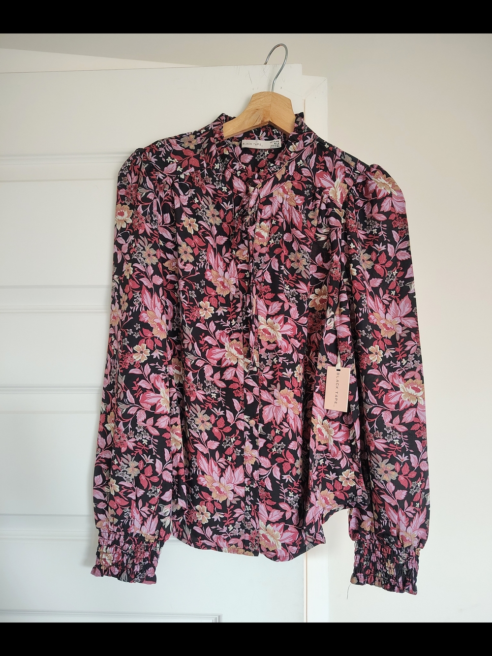Floral Pink Long-Sleeve Blouse with Smocked Cuffs